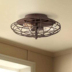 Industrial Rustic Farmhouse Ceiling Light Flush Mount Fixture LED Dark Rust Caged 18 1/2'' Wide 3-Light for Bedroom Kitchen Living Room Hallway Bathroom - Franklin Iron Works