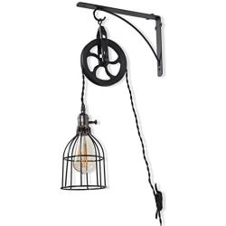 Rustic State Industrial Pulley Design Wall Sconces Pendant Lamp with 10 Feet Fabric Cord LED Edison Light Bulb in Black