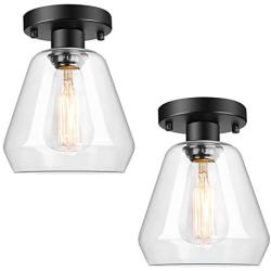 2-Pack Industrial Ceiling Light Semi Flush Mount Clear Glass Shade, Farmhouse Ceiling Light Fixture for Hallway Porch Kitchen Entryway Bedroom Corridor, Close to Ceiling Lights Black, E26 Base