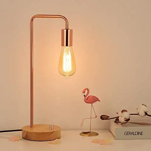HAITRAL Vintage Table Lamp, Industrial Nightstand Lamp with Wooden Base, Metal Modern Bedside Lamp for Bedroom, Girls Room, Kids Room, Office - Rose Gold (Bulb Not Include)