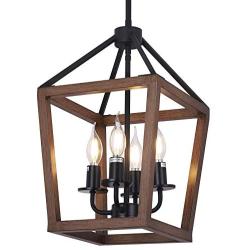 Farmhouse 4-Light Chandelier Rustic Wood Lantern Pendant Light with Imitation Wood and Iron Finish, Adjustable Height Hanging Lighting Fixtures for Dining Room Kitchen Island Hallway Foyer Entryway