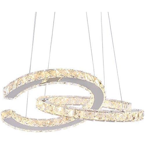 Modern 2 C Rings Crystal Chandelier Lighting LED Pendant Light Fixture Adjustable Stainless Steel Ceiling Hanging Lamp for Dinning Room Living Room Bedroom Kitchen (Warm White)