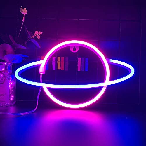 Blue Pink Color Galaxy Planet Neon Sign Light Glow in The Dark Ceiling Hanging Home Wall Party Decor,LED Hang Planets Neon Sign Create The Milky Way Atmosphere for Halloween Party