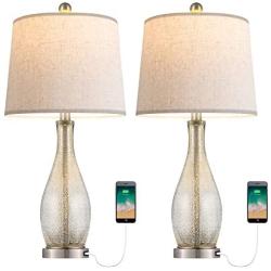 Oneach USB Table Lamps Set of 2 for Living Room 24.5'' Modern Nightstand Lamp with Fabric Shade Glass Bedside Lamp for Bedroom Kids Room Girls Room Office Glass Silver