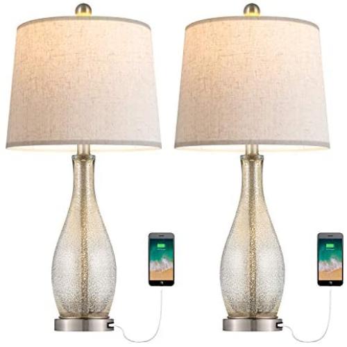 Oneach USB Table Lamps Set of 2 for Living Room 24.5'' Modern Nightstand Lamp with Fabric Shade Glass Bedside Lamp for Bedroom Kids Room Girls Room Office Glass Silver