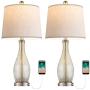 Oneach USB Table Lamps Set of 2 for Living Room 24.5'' Modern Nightstand Lamp with Fabric Shade Glass Bedside Lamp for Bedroom Kids Room Girls Room Office Glass Silver