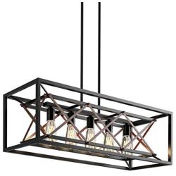 Tangkula 5-light Pendant Island Ceiling Light Fixture, Rectangle Metal Vintage Hanging Chandelier with Wood Grain Finish, Farmhouse Retro Island Lighting for Dining Room, Pool Table, Cafe, Bar (Black)