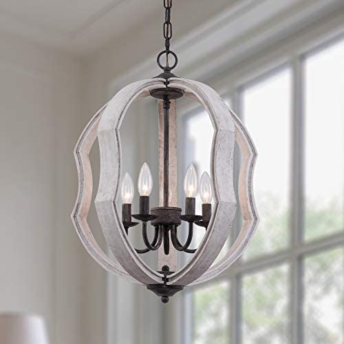 Farmhouse French Country 5-Light Globe Wooden Chandelier, Chic Cottage Wood Pendant Light for Dining Room, Living Room, Foyer, Hall, Entry, Restaurant - Distressed White