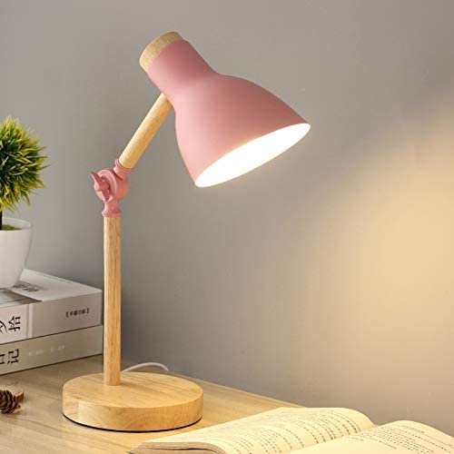 LITFAD Funnel Swing Arm Task Light Modern LED Table Light Macaron Iron 1 Head and Wood Reading Lamp Bedside Lamp for Kid Room Study Room Office Reading-Eye-Caring - Pink