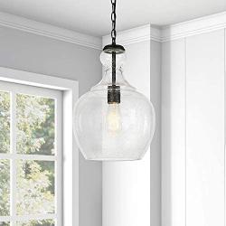 Henn&Hart PD0272 Industrial 1 Contemporary Blackened Bronze with Seeded Glass Shade for, Kitchen, Dining, Living Room, Foyer Pendant Light, Black