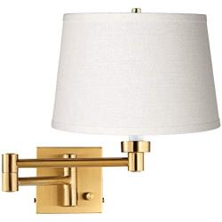 Alta Modern Swing Arm Wall Lamp Warm Antique Brass Plug-in Light Fixture White Linen Drum Shade for Bedroom Bedside Living Room Reading - Barnes and Ivy