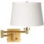 Alta Modern Swing Arm Wall Lamp Warm Antique Brass Plug-in Light Fixture White Linen Drum Shade for Bedroom Bedside Living Room Reading - Barnes and Ivy