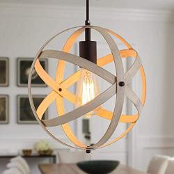 Q&S Farmhouse Globe Pendant Light Fixture,ORB and Oak White Finish,Include Bulb,Rustic Cage Chandelier Farmhouse Light Fixture for Kitchen Island Dining Room Table Entryway Hallway