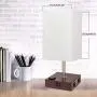 DEEPLITE Table Lamp Bedside Nightstand Lamp with Dual USB Ports and Outlet, Modern Desk Lamp with Brown Wooden Base Fabric Shade, Ambient Light for Bedroom, Living Room, Gust Room, Office (Square)