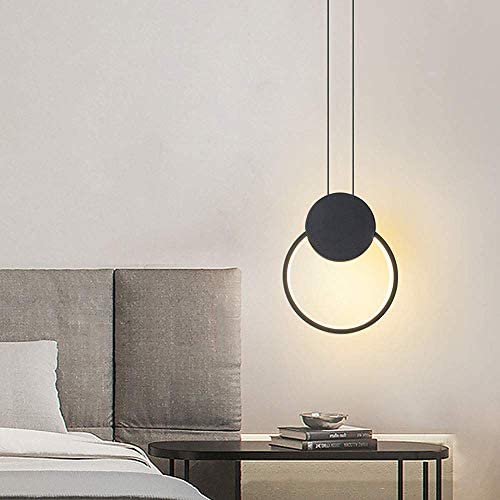 WEM Modern Bedside Pendant Lamps for Bedrooms Dimmable Led Ceiling Pendant Light Creative Metal Ring Bedroom Hanging Lamp Height Adjustable for Dining Room Table Living Room Shop,Black,A 12W