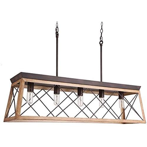 Industrial Five-Light Farmhouse Linear Pendant Light Hanging Ceiling Fixture Light Adjustable Height Chandeliers for Kitchen, Dining Room