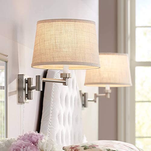 Modern Swing Arm Wall Lamps Set of 2 Brushed Nickel Plug-in Light Fixture Cream Burlap Tapered Drum Shade for Bedroom Bedside Living Room Reading - Possini Euro Design