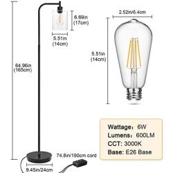 Boncoo Industrial Floor Lamp Fully Dimmable LED Floor Lamp Simple Standing Lamp with Glass Shade, Minimalist Tall Pole Lamp Farmhouse Corner Light for Living Room Office Reading, 6W LED Bulb Included