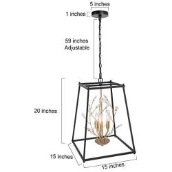 LALUZ Modern Industrial Metal Chandeliers with Crystal, Black Farmhouse Chandelier Pendant Light, 3 Light Square Cage Chandeliers for Foyer, Dining Room, Kitchen, Hallway