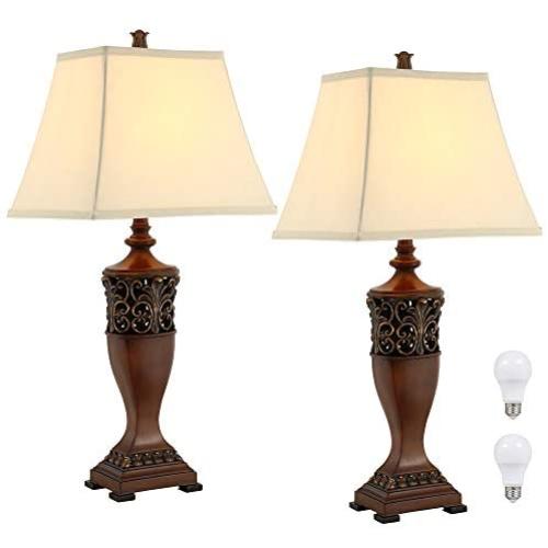 30''H Bedside Table Lamp Set of 2 for Living Room or Bedroom, 9.5W Led Bulbs Included, Large Traditional Wood Finish Vintage Table Lamps for Family Room