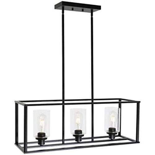 VINLUZ 3 Light Kitchen Island Pendant Lighting Black Contemporary Industrial Linear Chandelier with Clear Glass Shade for Dining Room Kitchen Island Living Room