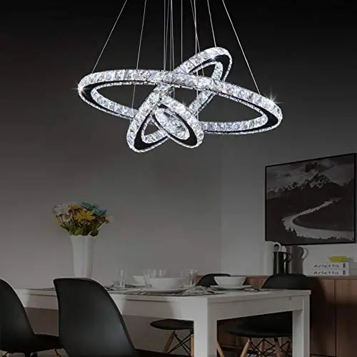 Crystal Chandelier, 27.5'' x 19.6'' x 11.8'' Dining Room Living Room Modern LED Ceiling Pendant Light Contemporary 3 Rings Adjustable Stainless Steel Lighting Fixtures (3r Cool White) Crystal Chandelier, 27.5'' x 19.6'' x 11.8'' Dining Room Living Room Modern LED Ceiling Pendant Light Contemporary 3 Rings Adjustable Stainless Steel Lighting Fixtures (3r Cool White)