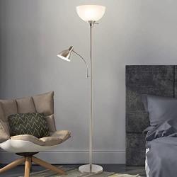 Lavish Home 72-Torch-5 Torchiere Floor Lamp with Reading Light-Sturdy Metal Base, Marbleized White Glass Shade-Energy Saving LED Bulbs Included, Satin nickel