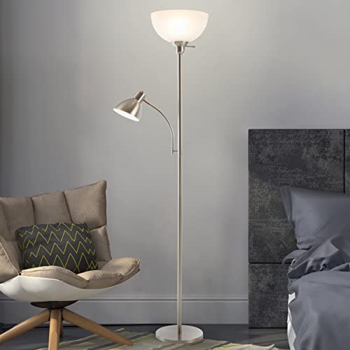 Lavish Home 72-Torch-5 Torchiere Floor Lamp with Reading Light-Sturdy Metal Base, Marbleized White Glass Shade-Energy Saving LED Bulbs Included, Satin nickel