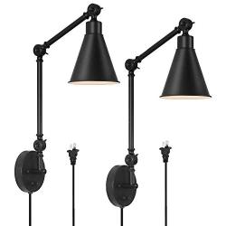 HAITRAL Swing Arm Wall Sconces 2 Pack- Modern Wall Lamps, Dimmable Lamp with Mounted Light Fixtures for Home Decor Headboard Bathroom Bedroom Farmhouse Porch Garage - Black (Bulb Not Included)