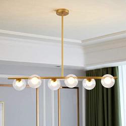 Jaycomey 6-Lights Pendant Lighting,Mid Century Modern Gold Chandelier,Glass Globe Lampshades DNA Hanging Chandelier Light Fixture for Dining Room,G9 Bulbs Included,Natural Light 4000K