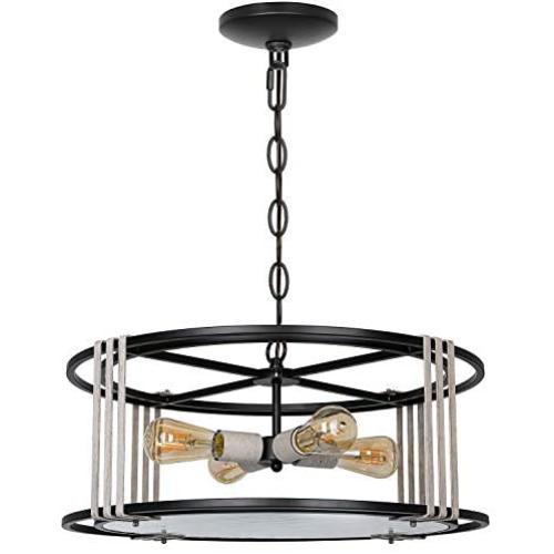 4-Light Farmhouse Chandelier, Big Size 21 Inch, Rustic Drum Shaped Hanging Pendant Lighting, Metal Frame, Industrial Vintage Light Fixtures for Dining Room Entryway Hallway Kitchen Island