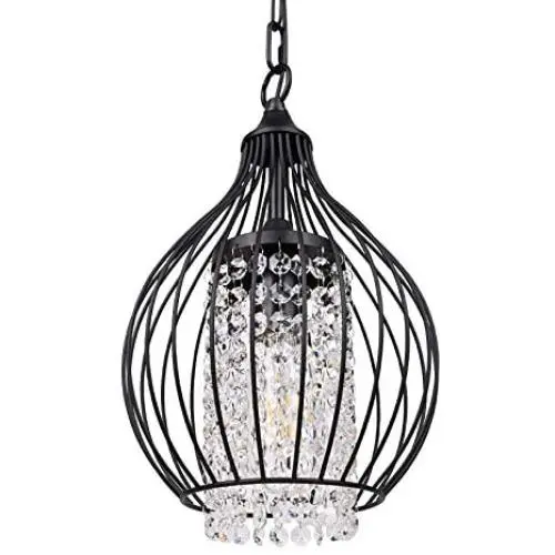 GAZE Modern Sparkling Crystal Chandelier Lighting Black Moroccan Wire Cage Light Fixture Adjustable Island Pendant Light for Living & Dining Room Entryway (Bulb Not Included)(1 Pack)