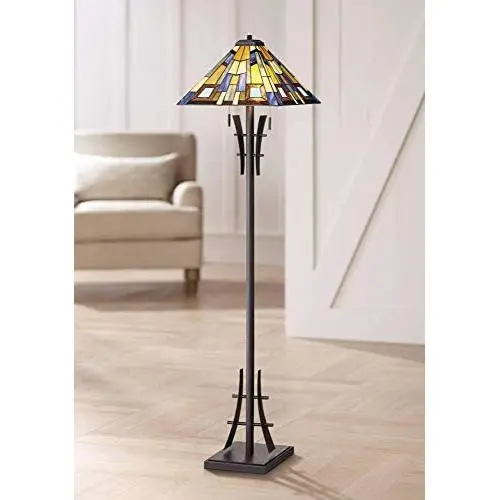 Asian Floor Lamp Bronze Iron Tiffany Style Jewel Tone Art Glass Shade for Living Room Reading Bedroom Office - Robert Louis Tiffany