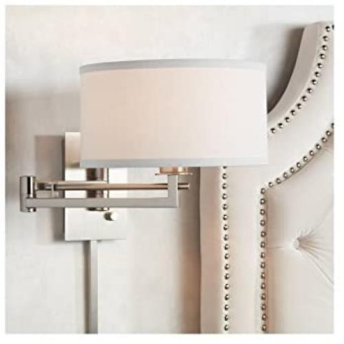 Aluno Modern Swing Arm Wall Lamp Brushed Nickel Plug-in Light Fixture White Linen Drum Shade for Bedroom Bedside Living Room Reading - Possini Euro Design