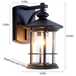 Rustic Small Outdoor Wall Light Fixture for Exterior Waterproof Rust-Proof House Deck Patio Porch Lighting Matte Black Aluminum Housing with Seed Glass Shade, Black 10.24'' Height