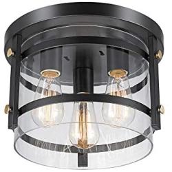 Globe Electric Wexford 3 Flush Mount Ceiling Light, Brass Detail, 60417, 8.13'', Dark Bronze with Clear Glass