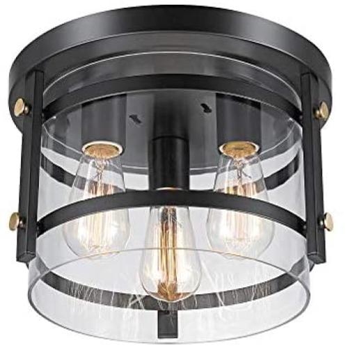 Globe Electric Wexford 3 Flush Mount Ceiling Light, Brass Detail, 60417, 8.13'', Dark Bronze with Clear Glass