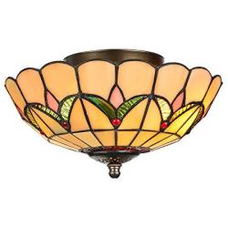LITFAD Tiffany Stained Glass Style Flush Mount Ceiling Light Fixture in Yellow 19.5'' Wide 5 Lights Mission Inverted Ceiling Lamp LED Pendant Lighting for Bedroom, Kitchen Island, Corridor