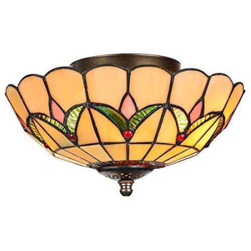 LITFAD Tiffany Stained Glass Style Flush Mount Ceiling Light Fixture in Yellow 10'' Wide 2 Lights Mission Inverted LED Ceiling Lamp for Bedroom, Kitchen Island, Corridor
