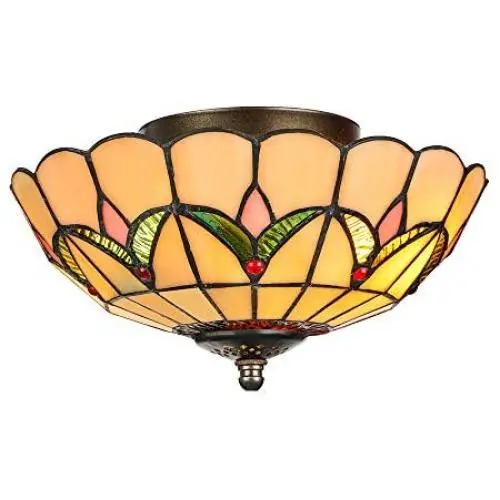 LITFAD Tiffany Stained Glass Style Flush Mount Ceiling Light Fixture in Yellow 10'' Wide 2 Lights Mission Inverted LED Ceiling Lamp for Bedroom, Kitchen Island, Corridor