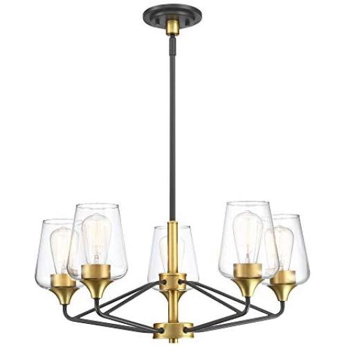 MOTINI 5 Light Large Chandelier in Black and Gold Brushed Brass Finish with Clear Glass Shades Ceiling Hanging Pendant Lighting Fixture for Dining Room Kitchen Bedroom