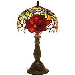 Tiffany Style Table Lamp W10H18 Inch Red Stained Glass Rose Shade Antique Desk Reading Light S001 WERFACTORY Lamps Parent Lover Kid Girlfriend Study Office Living Room Bedroom Bedside Art Craft Gift