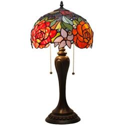 Tiffany Lamp Antique Style Stained Glass Table Light W12H22 Inch Red Rose Lampshade S001 WERFACTORY LAMPS Lover Parents Kids Girlfriend Living Room Bedroom Study Office Coffee Bar Desk Art Crafts Gift