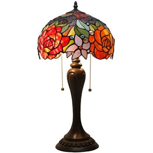 Tiffany Lamp Antique Style Stained Glass Table Light W12H22 Inch Red Rose Lampshade S001 WERFACTORY LAMPS Lover Parents Kids Girlfriend Living Room Bedroom Study Office Coffee Bar Desk Art Crafts Gift