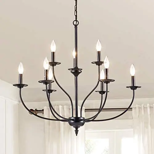 Maxax Farmhouse Lighting 9 Lights French Country Chandelier in Black Finish for Kitchen Island Pendant for Dining Room, Bedroom