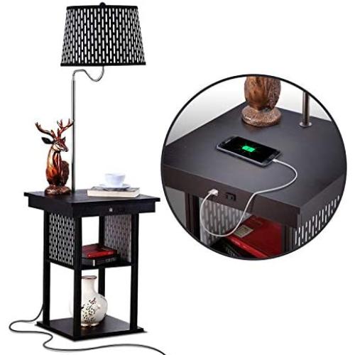 Brightech Madison - Narrow Nightstand with Built in Lamp, USB Port & Shelves for Bedrooms - Mid Century Modern End Table & Attached Floor Lamp for Living Rooms - Side Table & Reading Light - Black