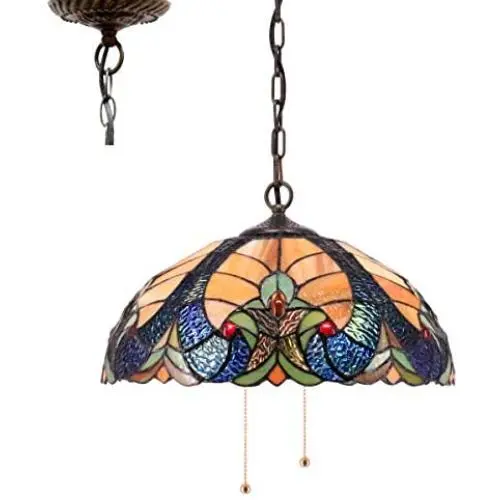 Tiffany Pendant Lamp W16H40 Inch Blue Stained Glass Lampshade Link Antique Pendant Lamp Ceiling Style 2E26 Lighting for Dining Room Living Room S160E WERFACTORY Living Bar Room Lover Study Gifts Tiffany Pendant Lamp W16H40 Inch Blue Stained Glass Lampshade Link Antique Pendant Lamp Ceiling Style 2E26 Lighting for Dining Room Living Room S160E WERFACTORY Living Bar Room Lover Study Gifts