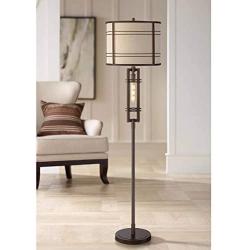 Elias Industrial Farmhouse Floor Lamp with Nightlight LED Oil Rubbed Bronze Off White Oatmeal Fabric Drum Shade for Living Room Reading Bedroom Office - Franklin Iron Works