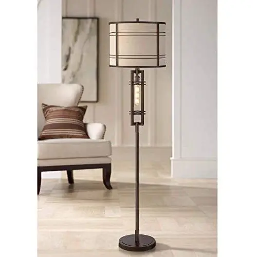 Elias Industrial Farmhouse Floor Lamp with Nightlight LED Oil Rubbed Bronze Off White Oatmeal Fabric Drum Shade for Living Room Reading Bedroom Office - Franklin Iron Works Elias Industrial Farmhouse Floor Lamp with Nightlight LED Oil Rubbed Bronze Off White Oatmeal Fabric Drum Shade for Living Room Reading Bedroom Office - Franklin Iron Works