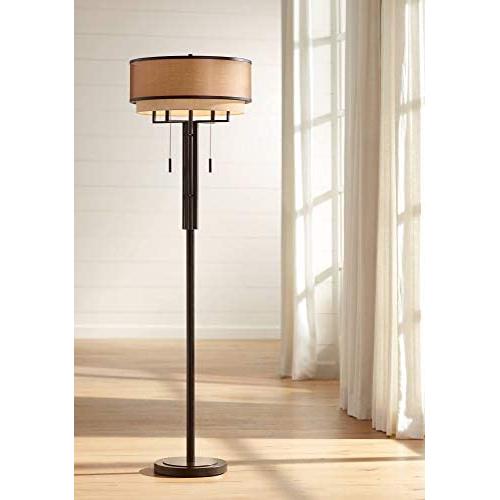 Alamo Modern Floor Lamp Industrial Bronze Sheer Brown Organza and Linen Double Drum Shade for Living Room Reading - Franklin Iron Works